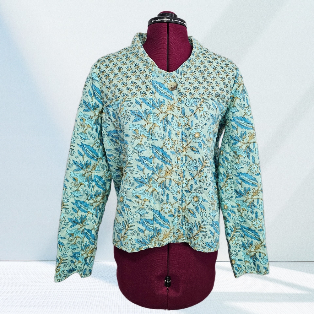 Anthropologie DRA Los Angeles Quilted Jacket Coat Blue Floral Cottagecore Cotton